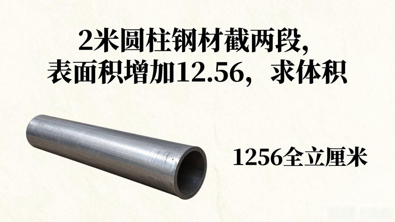 2米圆柱钢材截两段，表面积增加12.56，求体积